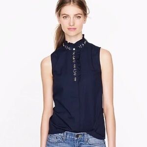 EUC J. Crew Navy Sleeveless Ruffled Blouse with Embellished Collar